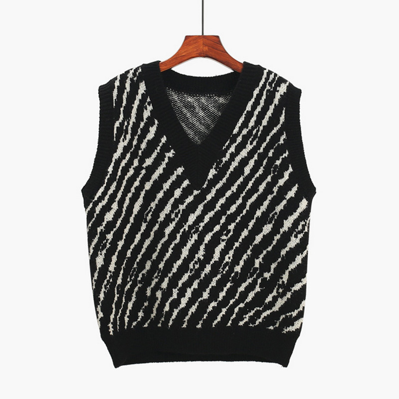 

2021 New Autumn Casual Zebra Knitted Sweater Women Fashion Houndstooth Print v Neck Sleeveless Ladies  Chic Vest Loon, Houndstooth-black