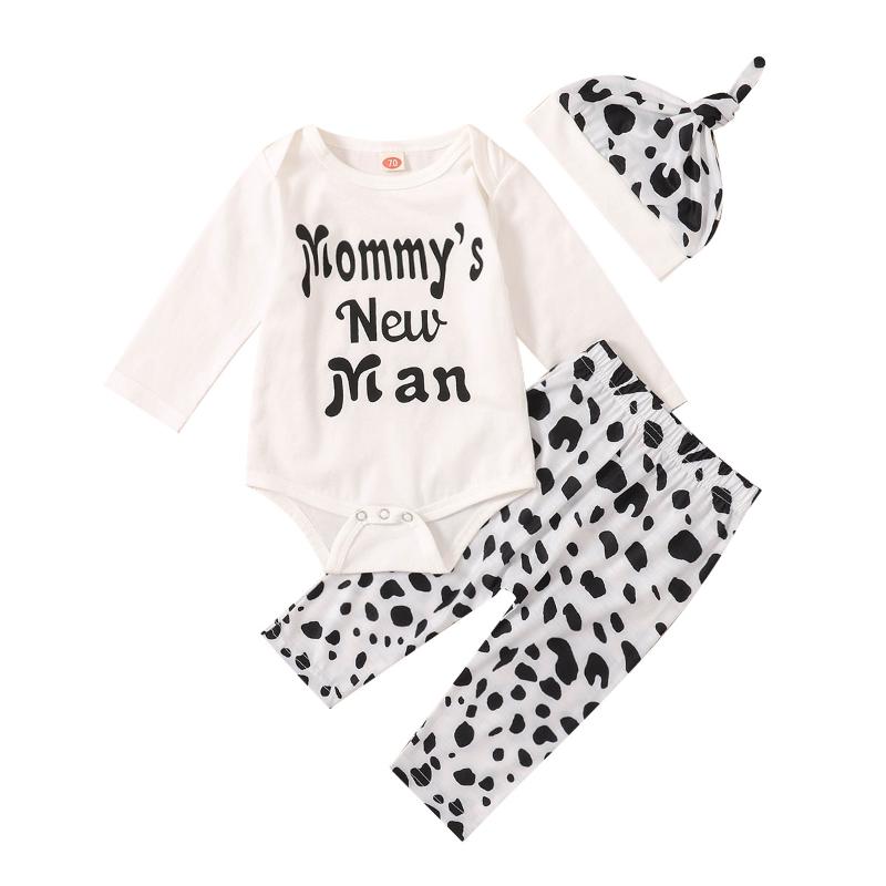 

2020 0-18M Newborn Baby Boy Clothing Mommy Man Letter Print Long Sleeve Romper+Spot Long Pants+Headband Fall 3pcs Outfits Set, As pic