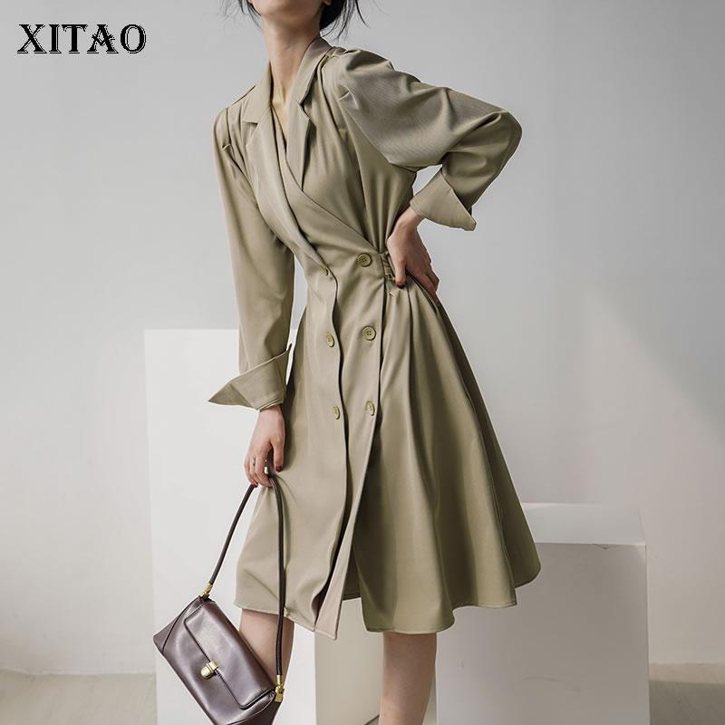 

XITAO Solid Color Bandage Dress Women Autumn and Winter Base Skirt 2020 The Notched Collar Fashion Temperament Ladies ZY1855, Green zy1855