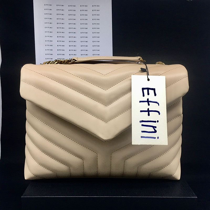 

Designer handbags square fat LOULOU chain bag 2021 luxurys fashion real leather women shoulder bag purse high quality quilted messenger bag, Beige with gold matel