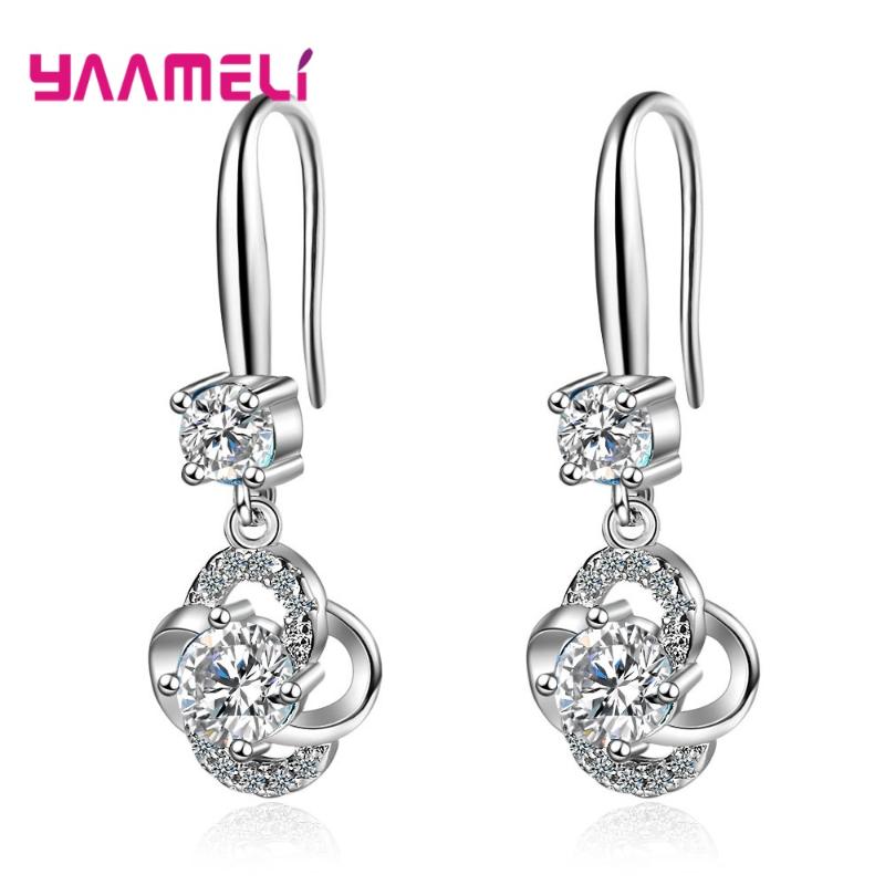 

925 Sterling Silver Drop Earrings For Women Girl White Blue Pink CZ Stone Crystal Flower Clover Long Tassel Earrings Jewelry