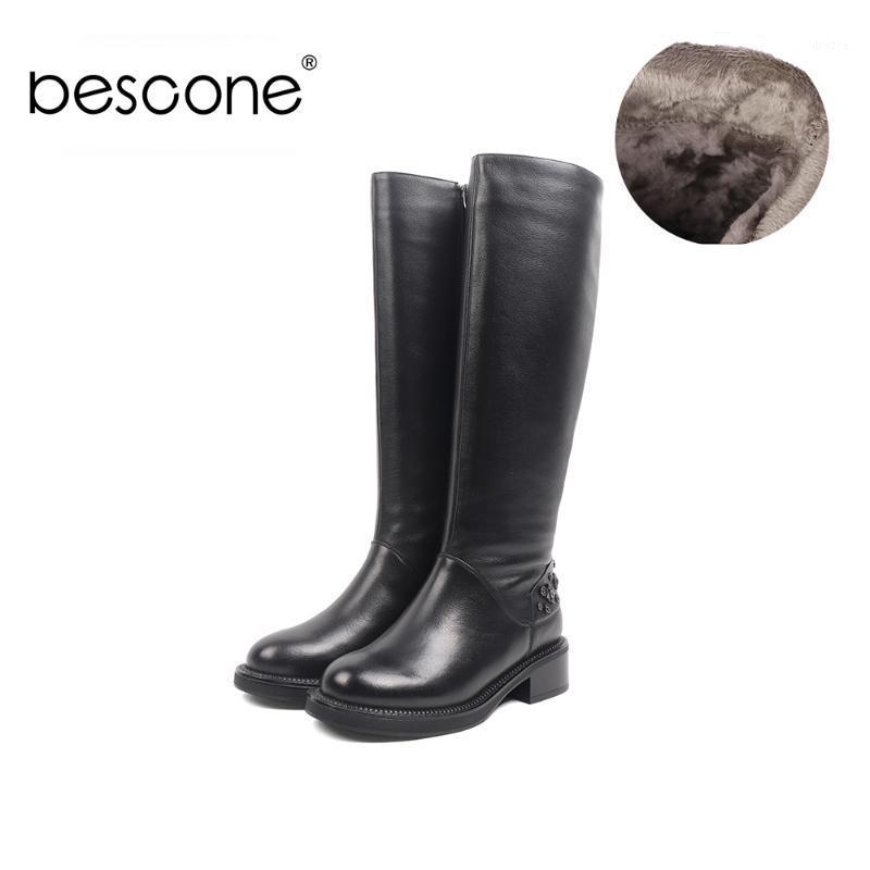 

BESCONE Round Toe Ladies Boots Winter Handmade Zipper Solid High Heel Shoes New Basic Comfortable Square Heel Women Boots BC4311, Black kid suede