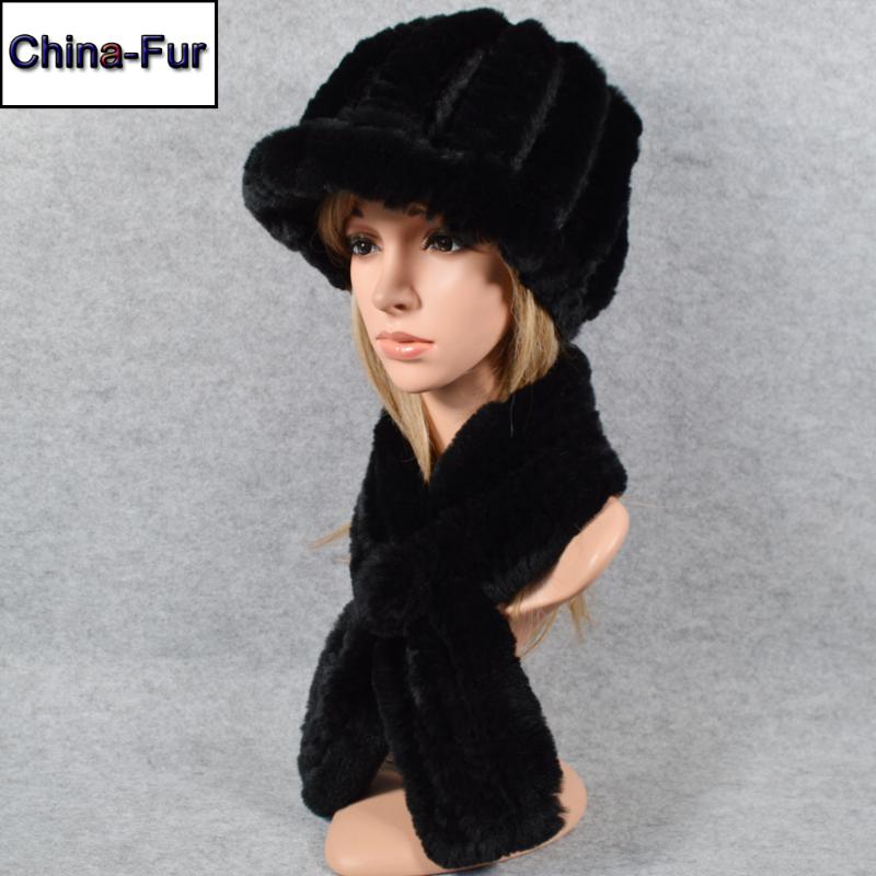 

Russia Lady Windproof 2 Pieces Sets Real Rex Fur Hat Scarf Rex Fur Cap Scarves Natural Neckerchief Hats