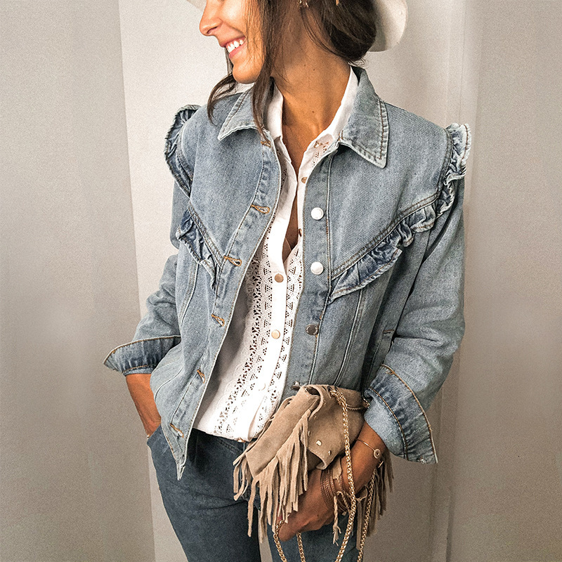 

2021 New Autumn Ruffles Denim for Women Casual Pocket Jacket Winter Femme Overcoat Long Sleeve Single Breasted Chic Jean Coat 3g20, Light blue