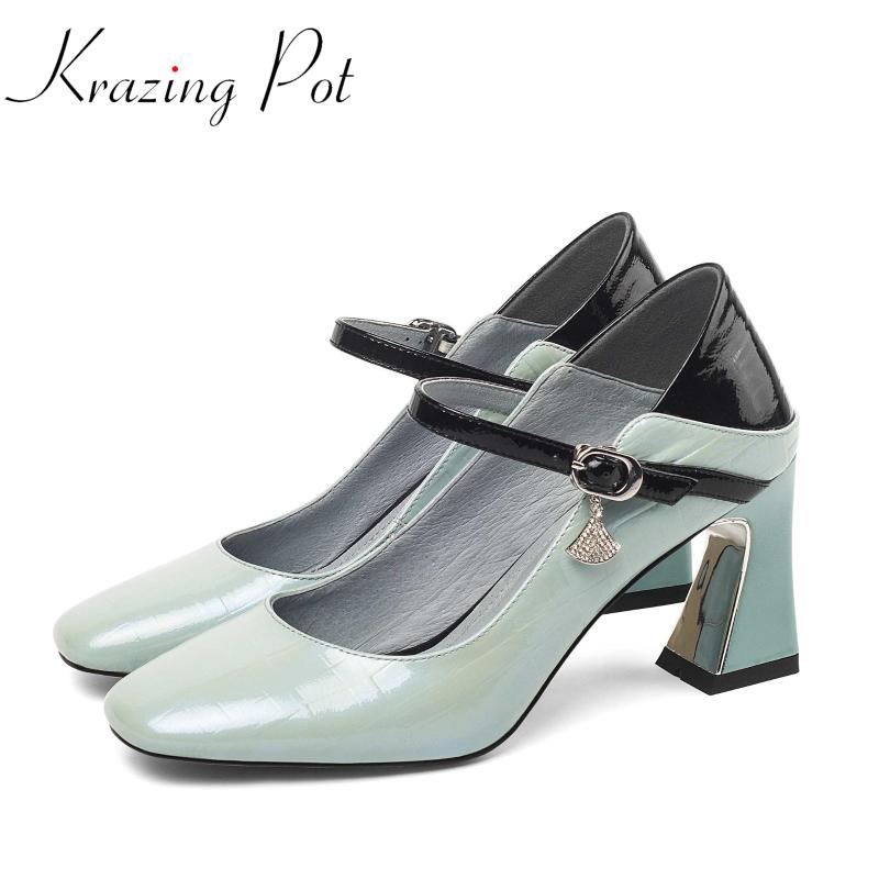 

Krazing pot 2020 classic colors natural leather square toe high heels fan rhinestone high quality buckle straps summer pumps L34, Black