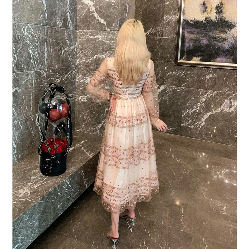 

New Long Woman Knitted Neck Full-sleeve Embroidery Elegant Vintage Dress Spring Party Feminine Autumn 2021 Clothes Isc7, Design and colour