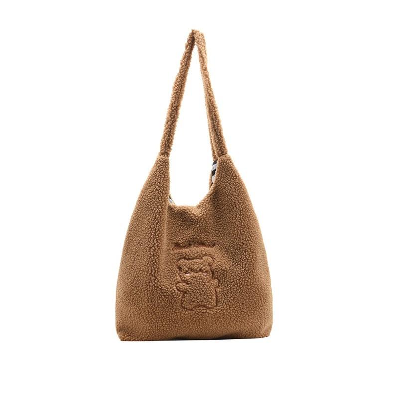 

2021 New Women Plush Wool Large Capacity Totes Fashion Korean Style College Shopping Shoulder Bag Causal Handbag, Brown