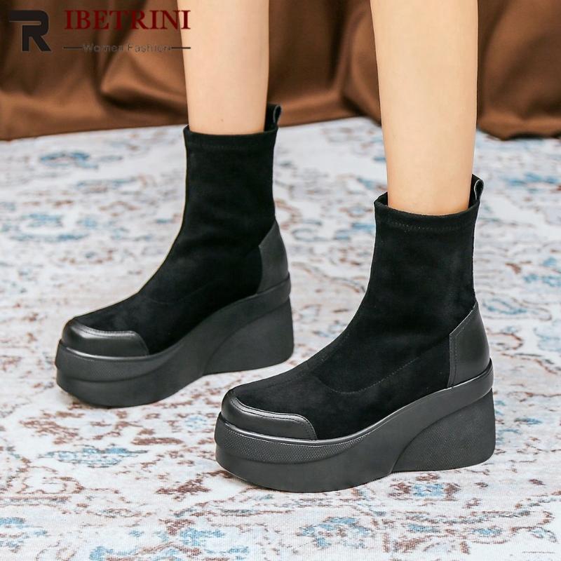 

RIBETRINI New Fashionable Elastic Flock Slip On Wedges High Heels Platform Trendy Leisure Boot Women Shoes Boots Female, Black long
