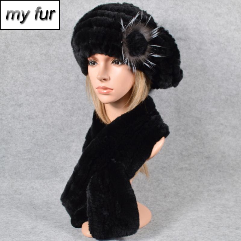 

Hot Women 2 Pieces Sets Winter Knit Real Rex Fur Hat Scarf Lady Rex Fur Cap Scarves Ring Shawl Hats, Color 10