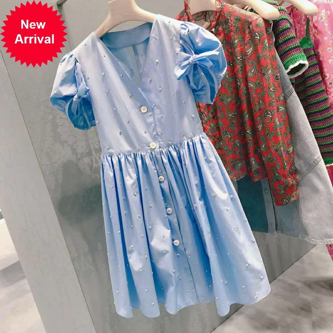 

New Pista 2021 De Moda Do Vintage Feminino Elegante Puff Manga V-colarinho A-line Novo Vero Alta Wasit Azul Mini Vestido Roupas IO34, Blue