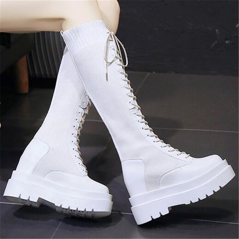 

New Autumn 2021 at Knee Height Leather Cleft Bow-up Soles Thick Anti-slip Boots Black Socks Women's WEYS