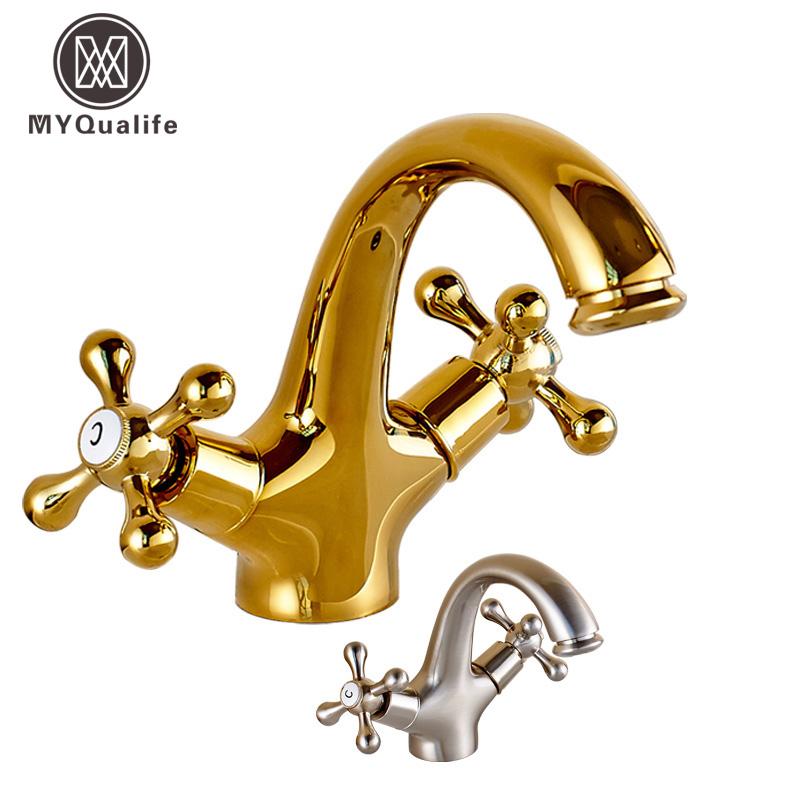 

Free Shipping Brushed Nickle Mixer Taps Dual Handle Single Hole Cold And Hot Water Basin Faucet in Golden