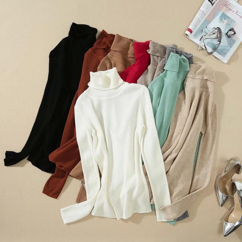 

100%Wool Sweaters 2020 Autumn Winter Casual Knitwear Women Turtleneck Wool Knitting Long Sleeve Basic Tops Sweaters 9 Colors, Black