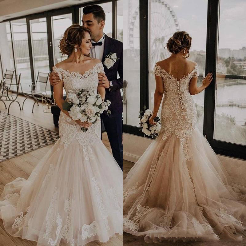 

Custom Made Short Sleeves Lace Mermaid Wedding Dresses 2021 with Appliques Off Shoulder Sweep Train Tulle Wedding Bridal Gowns, White