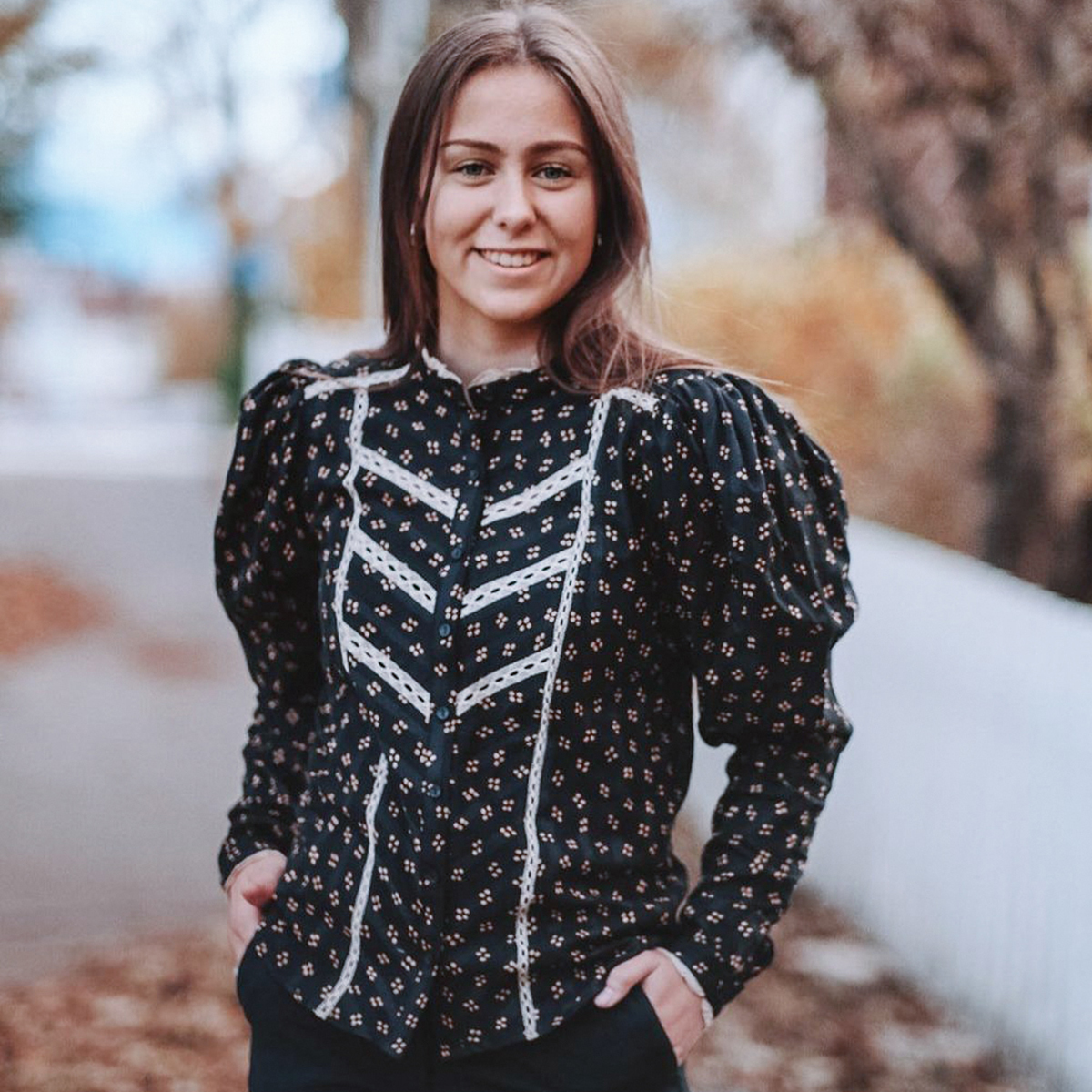 

New Floral Print Ruffles Blouse Women Spring Long Sleeve Stand Neck Lace Patchwork Chic Shirts Casual Vintage Shirt Tops 2021 Ikhs, Deep blue