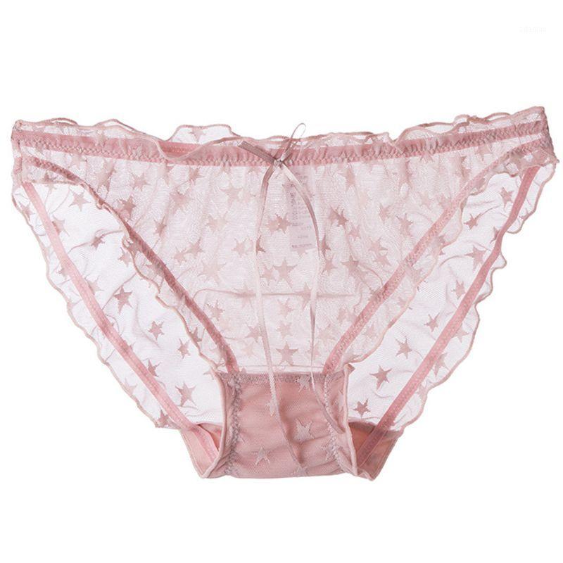 

Sexy Perspective Mesh Panties Cute Star Pattern Low Rise Briefs Underwear Kawaii Ribbon Bow Ruffles Girls Ladies Lingerie1, Pink