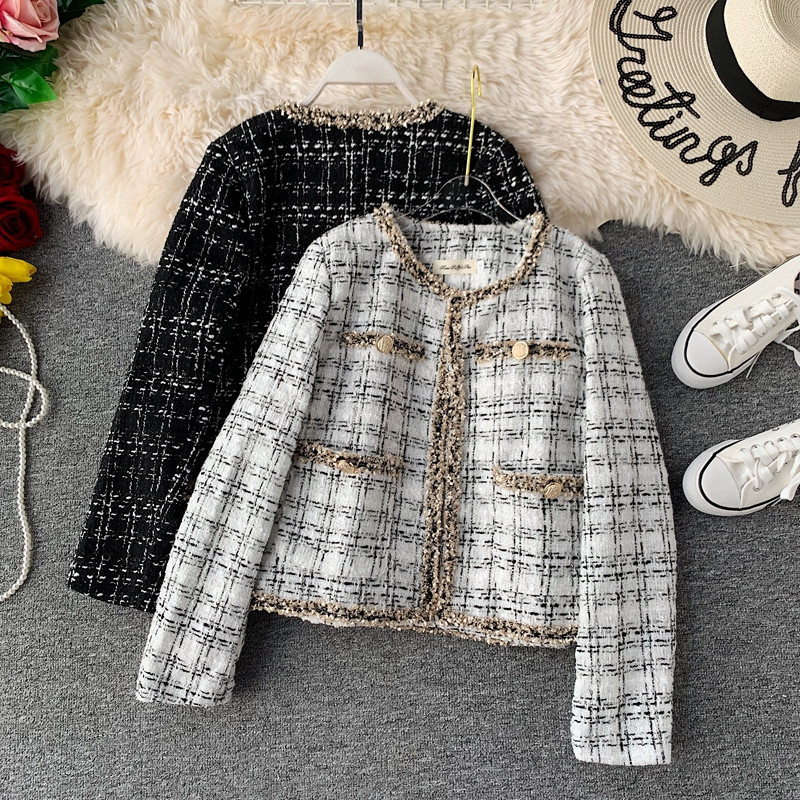 

2021 Elegant Tweed Jackets New Autumn Fabric Black-white Wool Jacket Short Female Plaid Suit Neck Mini Coat AZEM