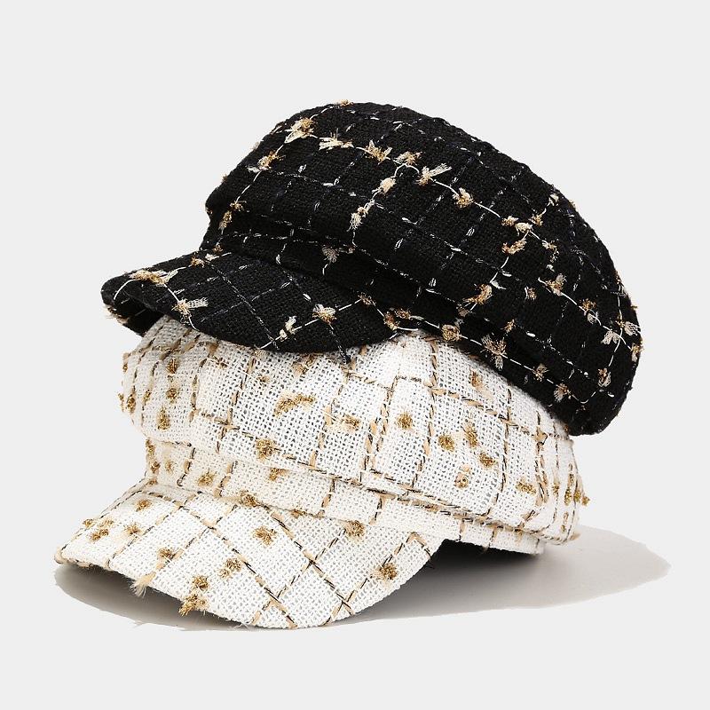 

Women Plaid Tweed Hat With Ladies Girls Black Checks Octagonal Hats Female Newsboy Winter Hats, White
