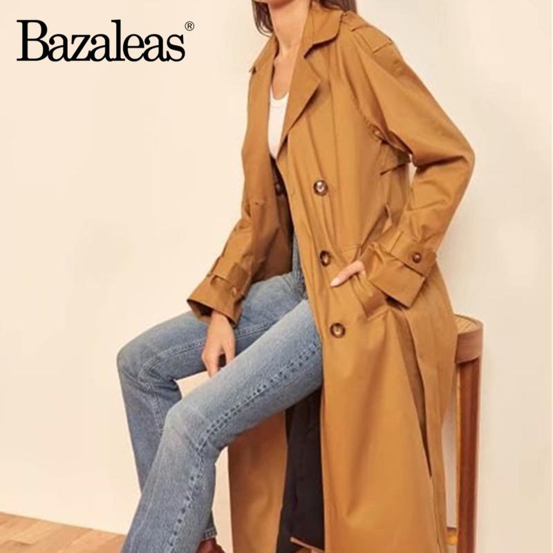 

Bazaleas Autumn Khaki Basic Long Blazer Mujer Coat Women Vintage Pockets Blazer Women Fashion Buttons Outwear, H921 khaki n1027