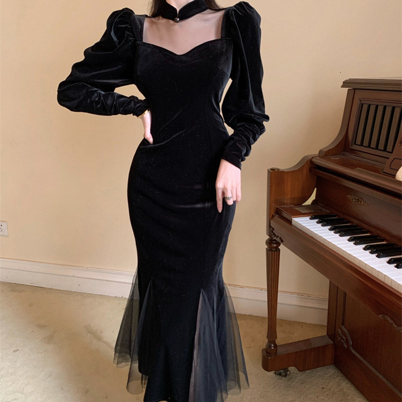 

2021 Autumn Winter Women Knit Vintage Black Fashion New Ladies Long Sleeves Thin Party Dress Plus Size 2E8N