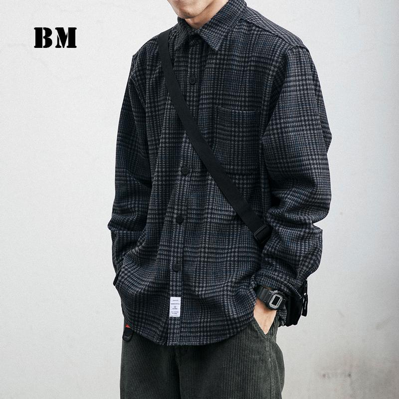 

2021 High Quality Thick Woolen Shirt Men Clothing Japanese Streetwear Lapel Long Sleeve Casual Plaid Top Harajuku Coats Male, Blue