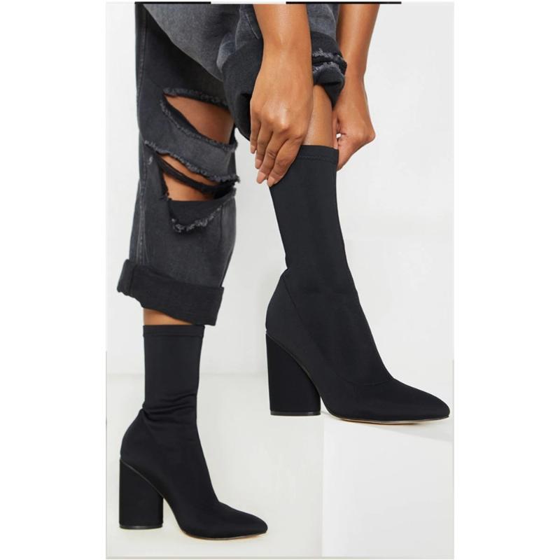 

MKKHOU Short Boots Women 2020 New Winter Black Sexy Sheep Suede Pointed Thick Heel 10 cm High Heel Stretch Mid-Fitting Boots