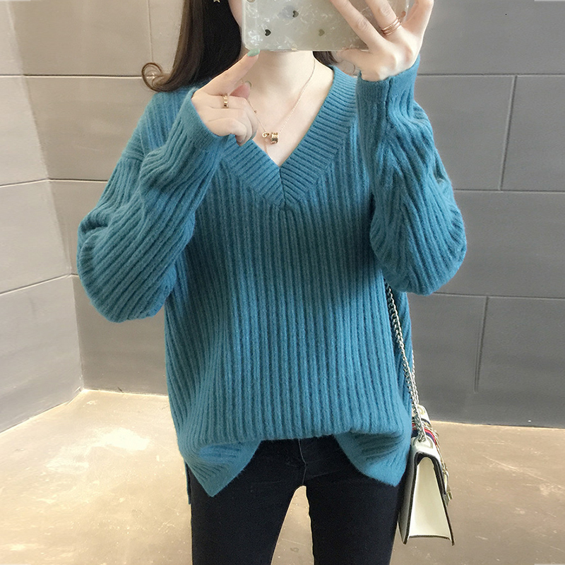 

2021 New Autumn Winter Tops Thin Pullover Fashion Solid Khaki Sleeve Cleavage in Women' Clothing 5XJB, Blue