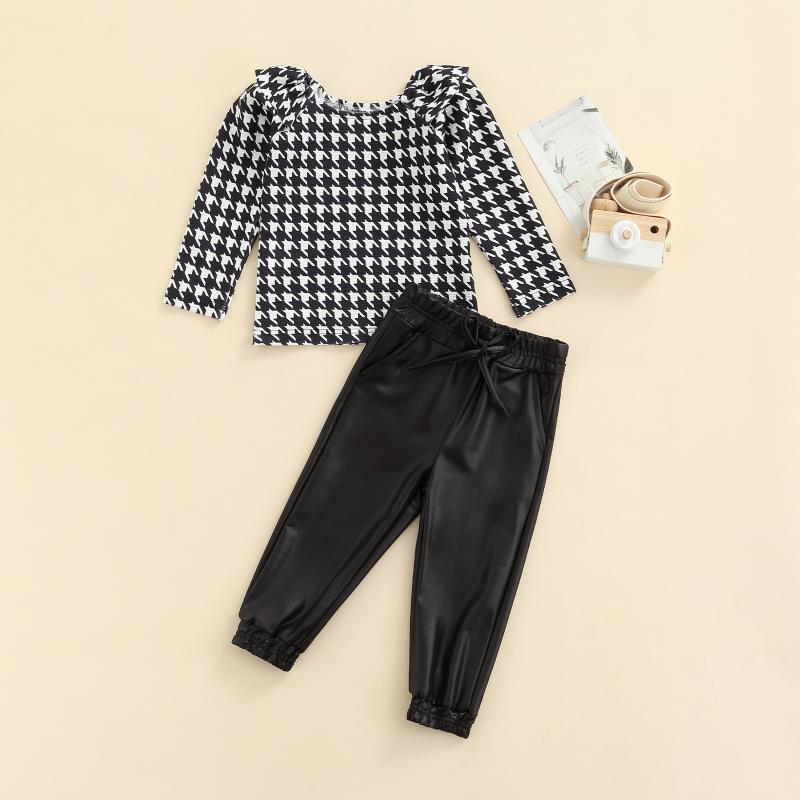 

Clothing Sets FOCUSNORM 2-7Y Fashion Autumn Kids Girls 2pcs Clothes Plaid Printed Off Shoulder Puff Sleeve T Shirts+PU Leather Pants, White