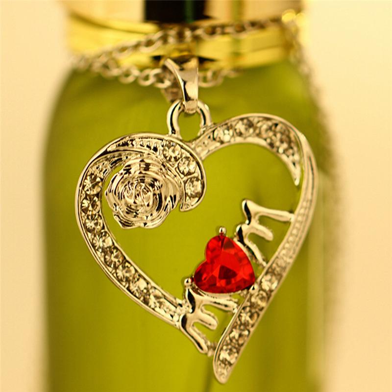 

Jewelry Charm Necklace For Mom Friend Mother's Day Gift Jewelry Red Crystal Hollow Heart Necklace Pendant