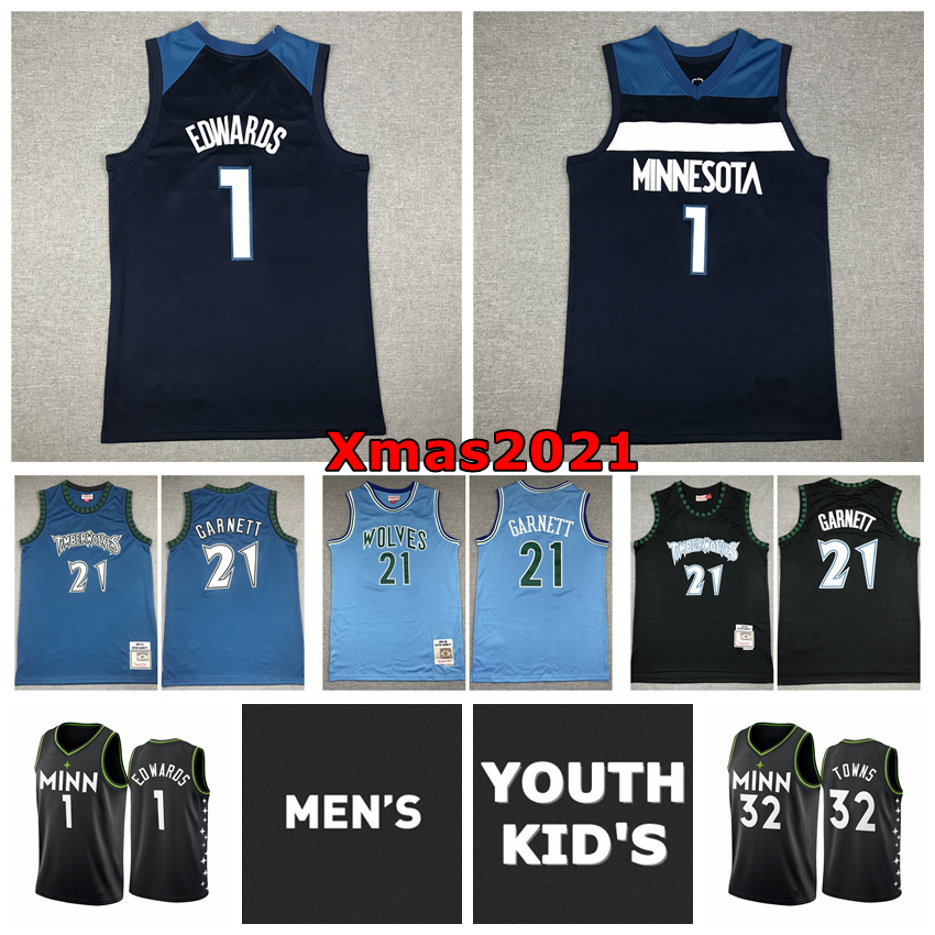 

2021 Mens Youth Kids Minnesotan Basketball Jersey 21 Kevin Garnett 1 Anthony Edwards 32# Karl Anthony Towns Stitched Jersey With Logo Tags, With real logo