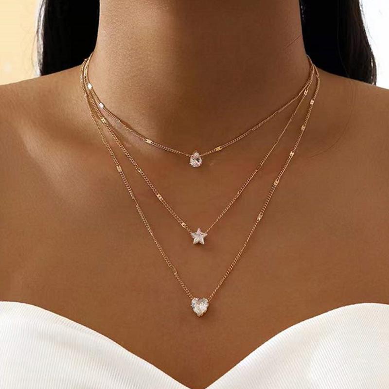 

Chains Boho Star Heart Crystal Multilayer Link Chain Collar Necklaces For Women Girls Choker Necklace Pendant Fashion Clavicle Jewelry