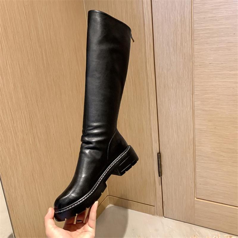 

PXELENA INS Hot Handmade Split Leather Mid Calf Boots Female Chunky Med Heels Pleated Riding Knight Motorcycle Boots Women Shoes1, Black autumn