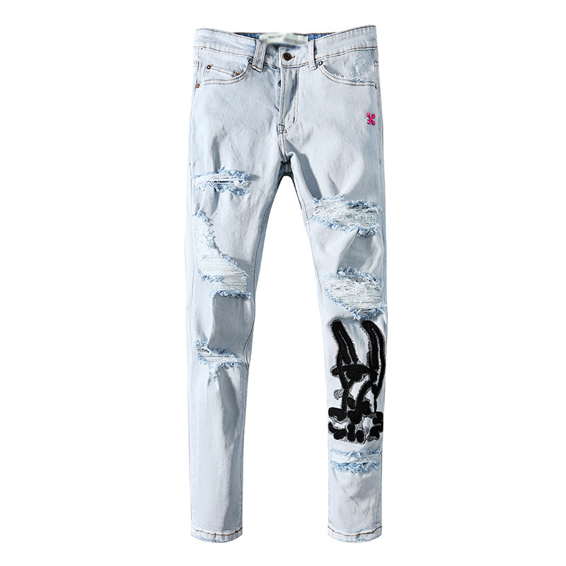 

Off Black White High Street Ins Hip Hop Pants Hole Embroidery Jeans Men, Light blue