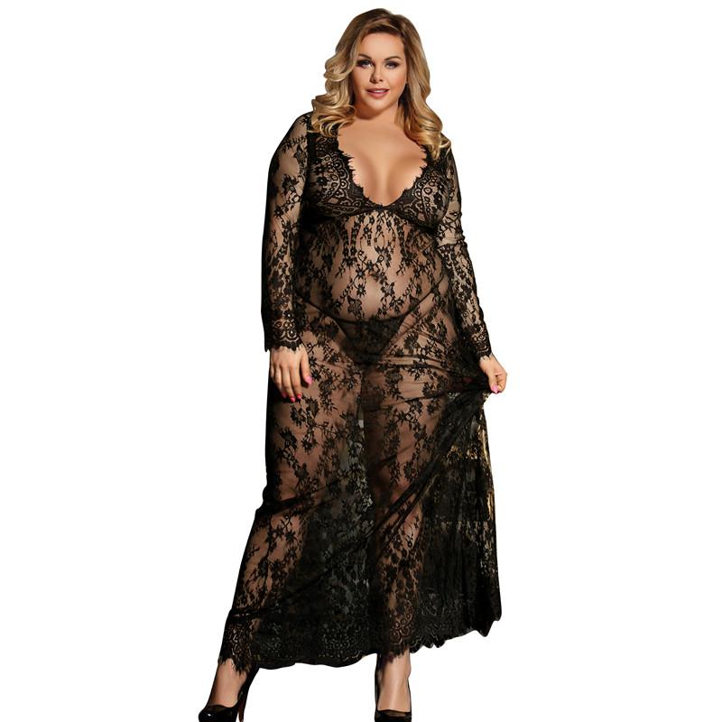 

Black Women's Long Nightgown Sexy V-neck Babydoll Dress Full Sleeve Pregnant Sleepwear XXXL Plus Size Lace Lingerie RS80497, Black nightgown
