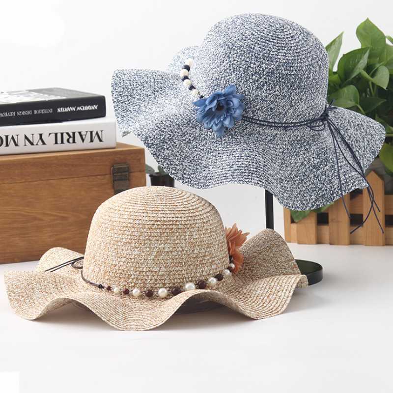 

HT1584 2020 New Fashion Straw Hats Ladies Brim Panama Bucket Hats Flower Pearl Sun bonnie Floppy Sun Women Beach, Khaki