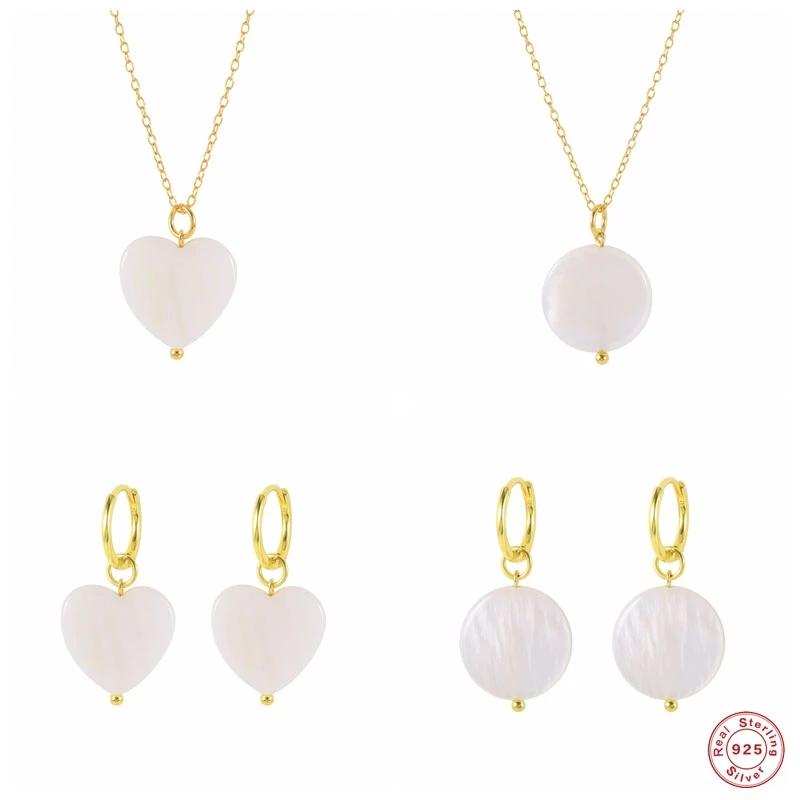 

Bracelet, Earrings & Necklace GS 925 Sterling Silver Milky White Shell Charm Dangle Cream Color Round Heart Pendant Hoop Jewelry, Black