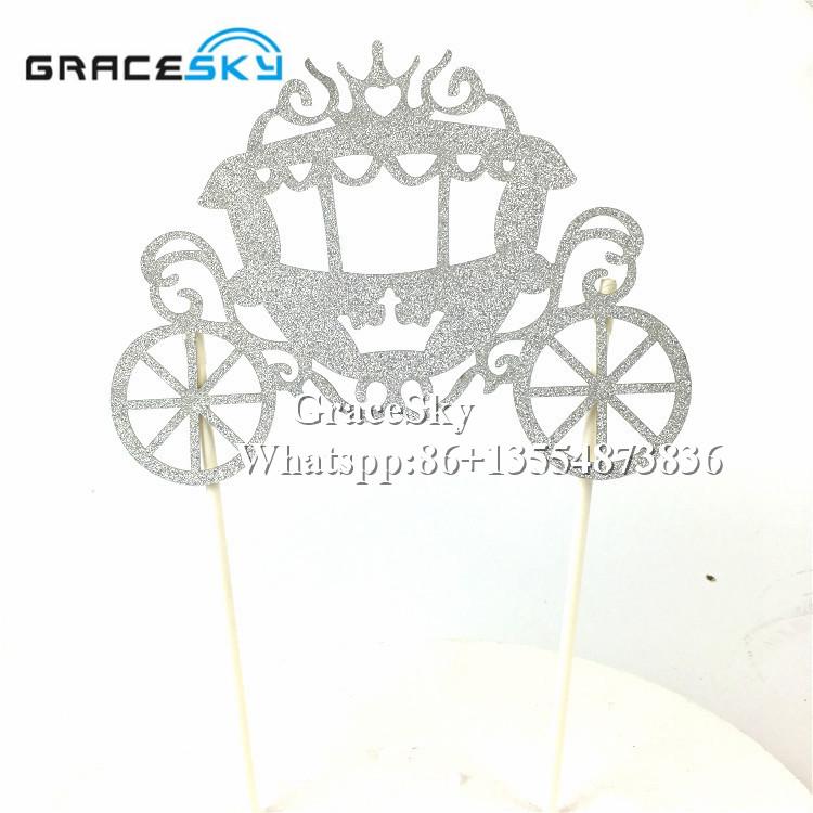 

10pcs New free shipping Glitter paper pumpkin carriage Desgin Wedding Cake Toppers Birthday Party Favor Cake Decoration,7 colors