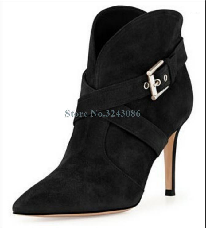 

Black Apricot Faux Suede Ankle Boots Pointed Toe Buckle Strap Stiletto Heel Boots Cross Tied Short Women Spring Autumn1, As the picture