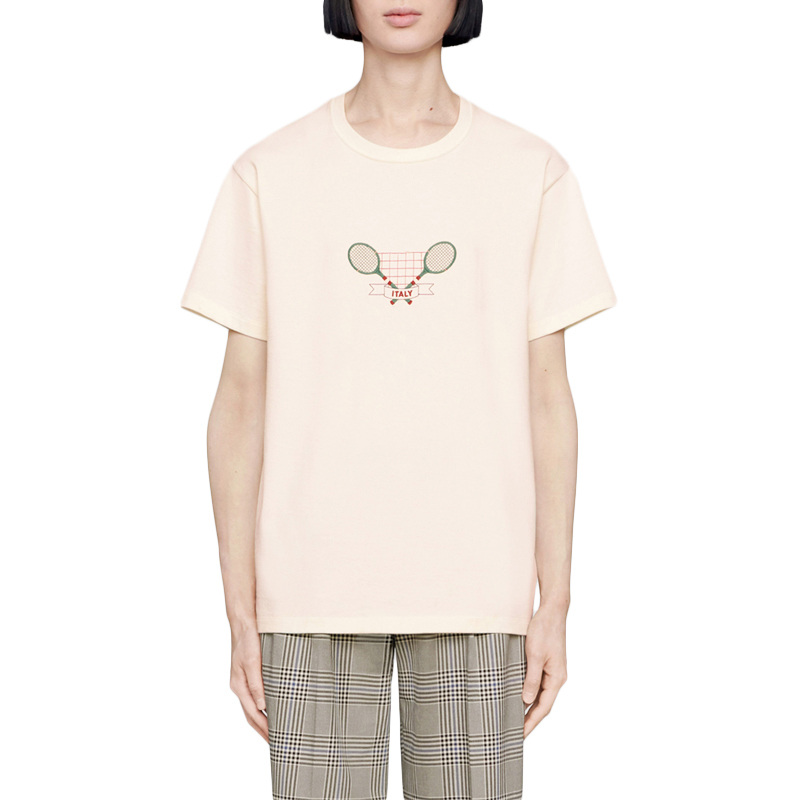 

19SS Tennis Racket Embroidery T-shirt Casual Beige Made In Italy T-Shirt Men Women Short Sleeves Summer T Shirt Fashion Men Women Tee, White