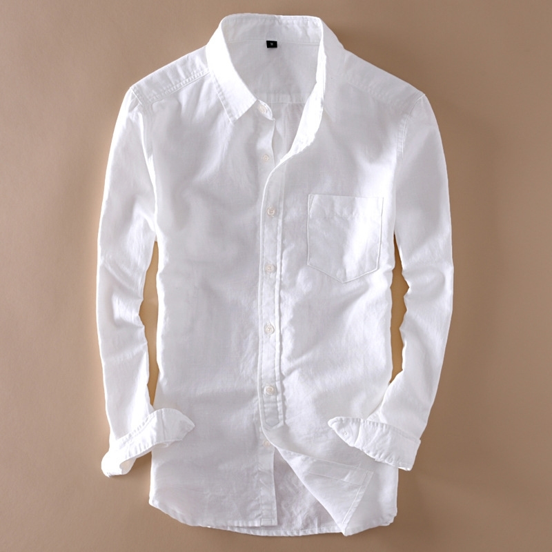 Cotton Mens Linen White Shirt Top Long Sleeve Turn Down Collar Man Shirts Tops Summer Elegant Solid Streetwear Clothes Male 201120