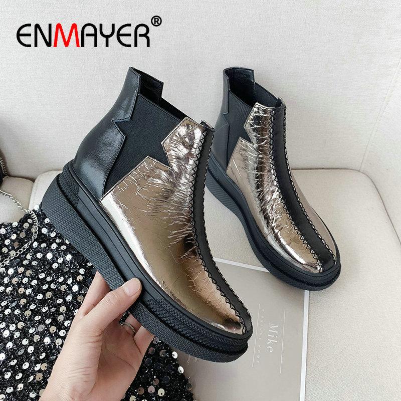 

ENMAYER 2020 Basic Slip-On Genuine Leather Ankle Boots for Women Warm Winter Boots Women Flat with Med Heel Shoes 34-39, Gun color