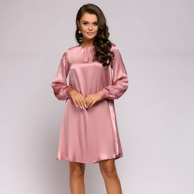 Women Fashion Pink Satin Mini Dress Casual O-neck Lantern Sleeve Smooth Loose Straight Dress Elegant Solid Party Dress Autumn-image-603337741