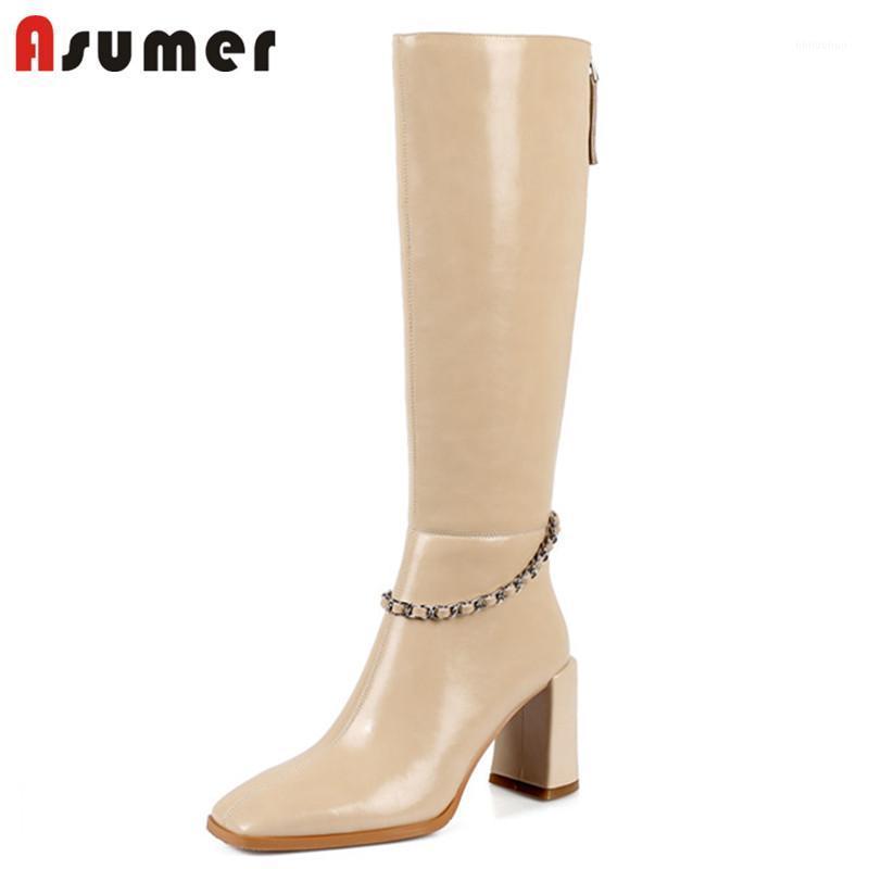

ASUMER 2021 Top Quality Genuine Leather Knee High Boots Women Square Toe Chain High Heel Boots Fashion Party Wedding Shoes Woman1, Black not fur