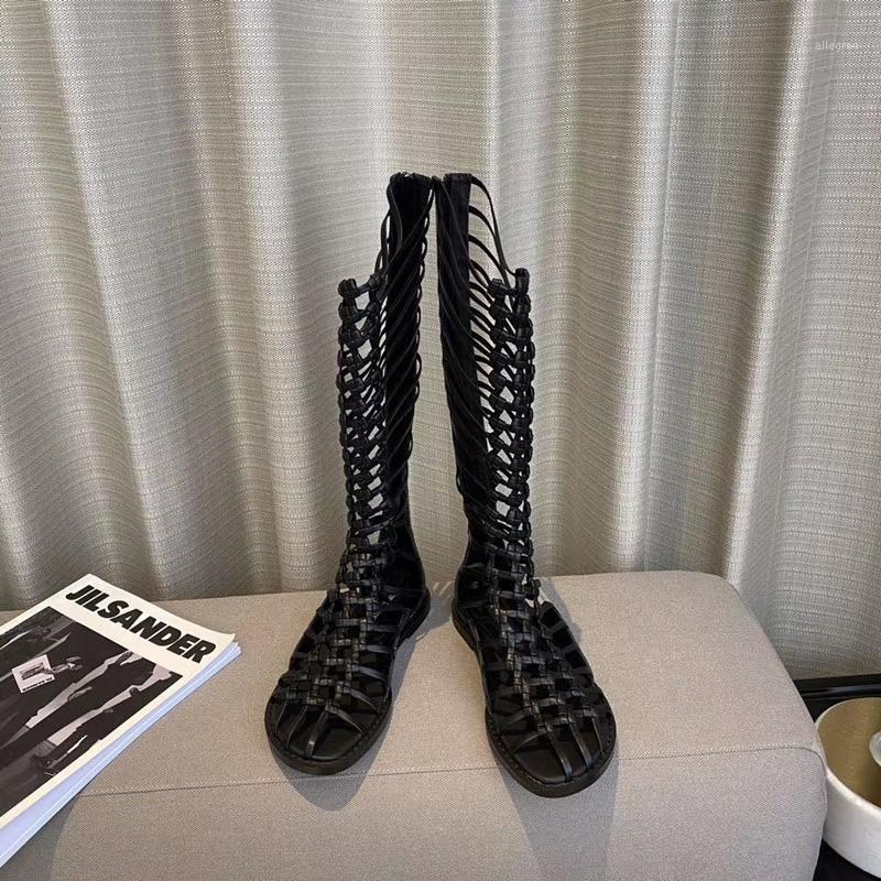

High Boots Women Black Summer Shoes Woman Buty Damskie Leather Hollowing Ladies Shoes Weave Female Sandals Botas De Mujer 20201, As shown