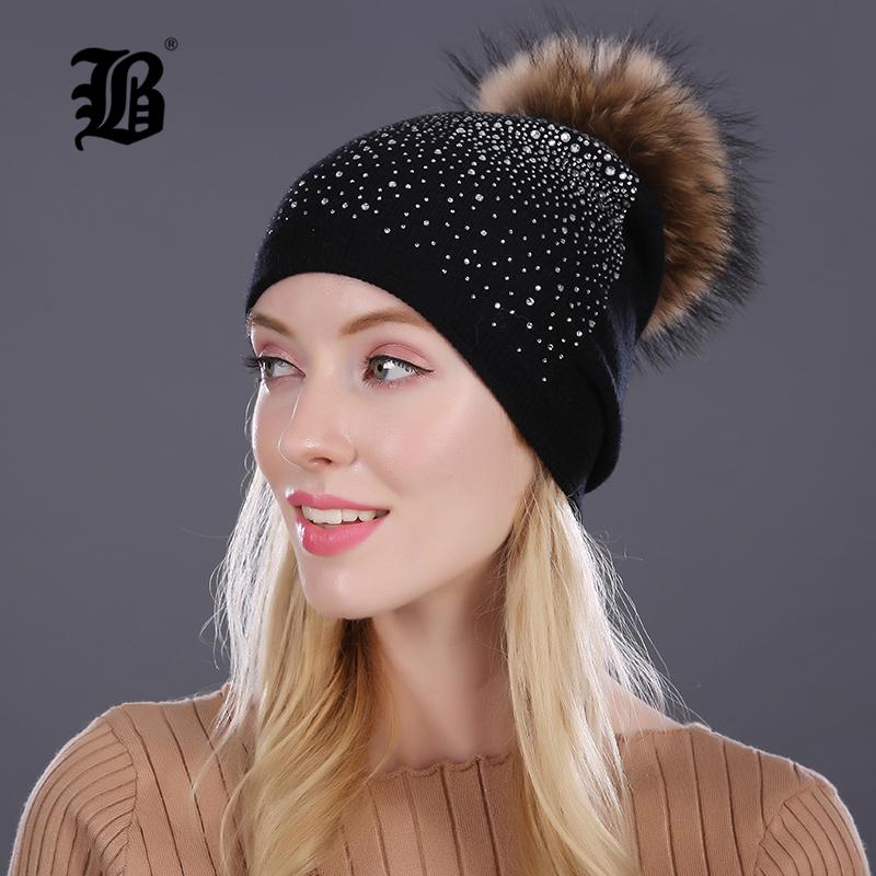 

FLB] Women Winter Beanie Hat Fur Wool Knitted Hat The Female Of The Mink Pom Pom Shining Rhinestone Hats for women, 17021 04b