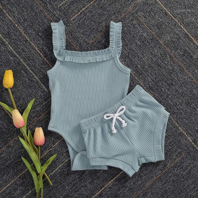 

2020 Baby Boys Girls Summer Clothes Pure Color Knitted Ribbed Rompers Tops Shorts Pants 2pcs Toddler Infant Baby Clothing Outfit1, Blue