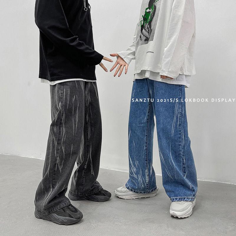 

2021 Men's Classic Straight Pants Baggy Homme Cargo Pocket Jeans Black/blue Color BF Striped Casual Pants Biker Denim Trousers