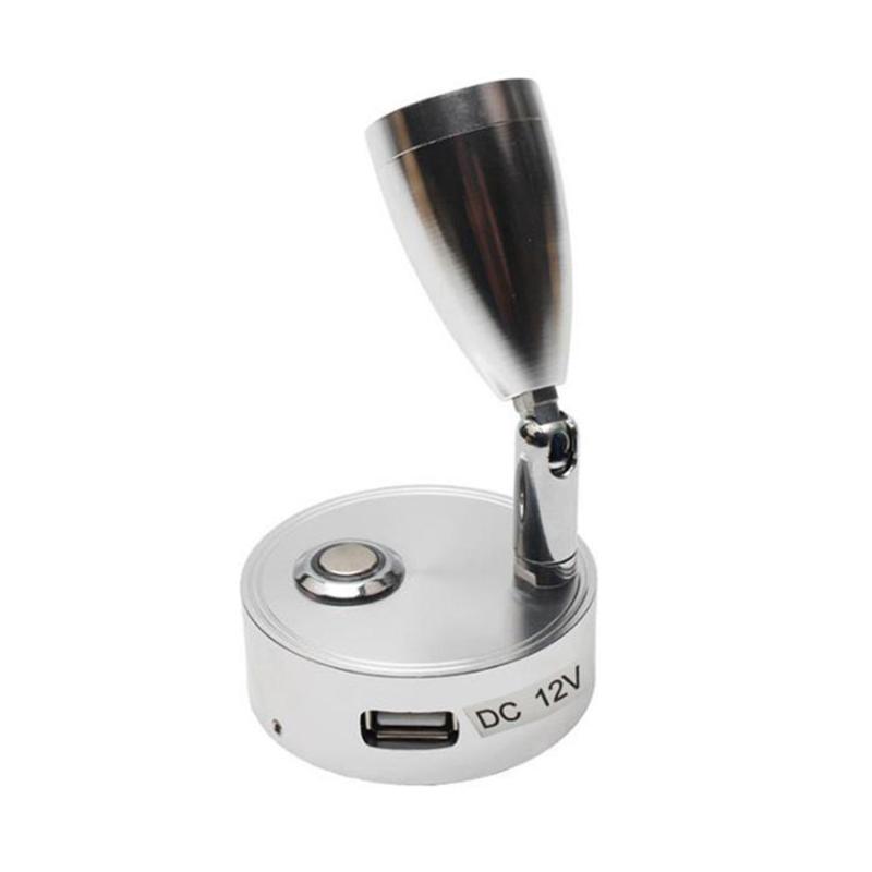 

Silver 3W DC12V RV Boat LED Reading Light with touch control switch and USB charging port wall mounted lamp for bedside or seat
