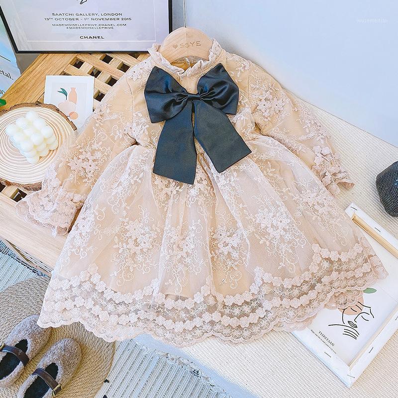

Kids Dresses For Girls Lace Tulle Dress Wedding Girls Ceremony Party Birthday Dress Children Autumn Clothing with Big Bow 2-7Y1, Khaki