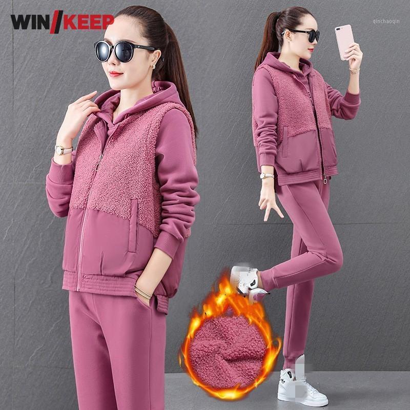 

Outdoor Jogging Fitness Workout Sportswear Women Winter Thick Warm Vest Sweatshirt Pants Three Piece Set New Female Sports Sets1